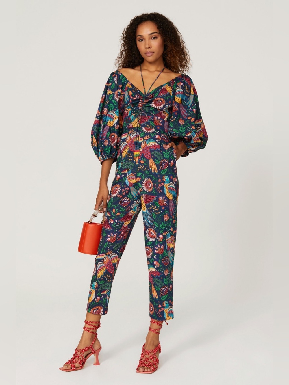 Farm Rio Tropical Birds Puff Sleeve Jumpsuit Size Medium